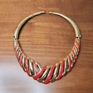 Trifari Red Enamel Gold Tone Collar Necklace